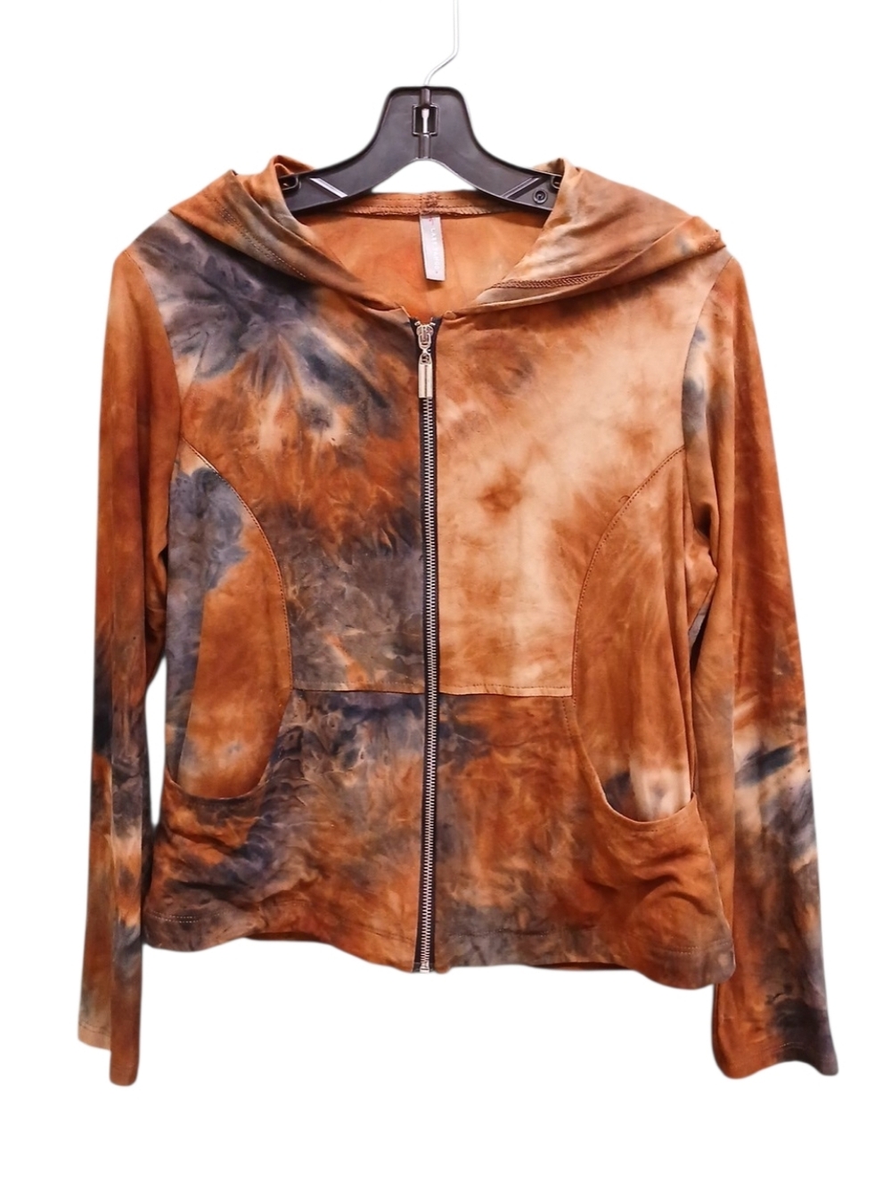 Last Tango Y2K Vintage Marbled Soft Stretch Zip Hoodie in Rust & Charcoal Medium